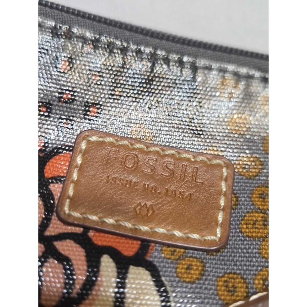 Vtg Fossil Key-Per Crossbody Bag Floral Grey Brown Oilcloth Medium Durable Zip - Picture 3 of 11